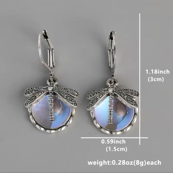 Silver Dragonfly Moonstone Round Dangle Drop Vintage Bohemian Earrings NWT - Picture 5 of 6